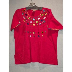 Velia Mexican Embroidered Butterfly Blouse Red Cotton Boho Huipil Top Made in MX
